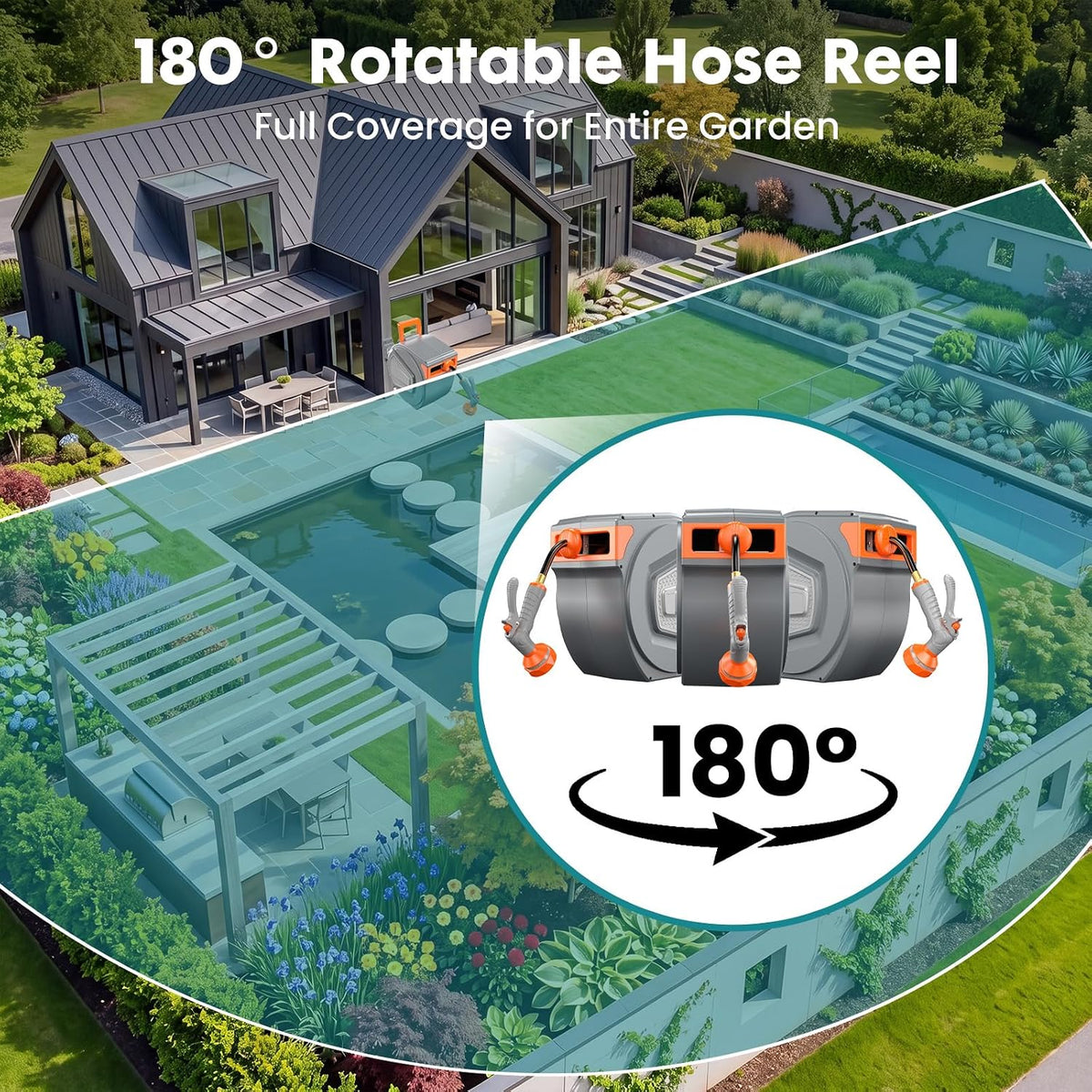 Retractable Garden Hose Reel, 1/2'' X 65 Ft Water Hose with Nozzle