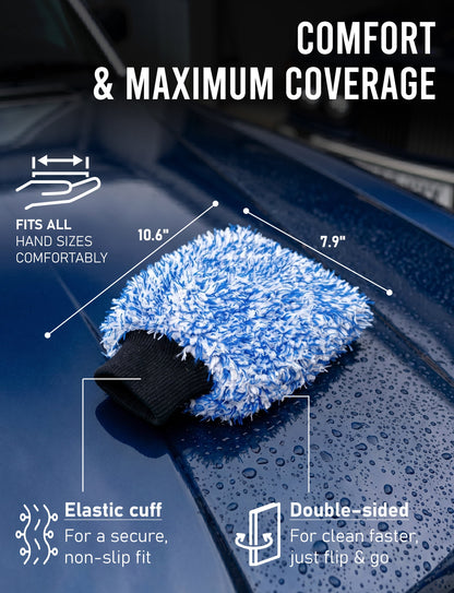 Cyclone Microfiber Car Wash Mitts, Blue Lint-Free Scratch-Free Machine Washable Washing Gloves, 2-Pack