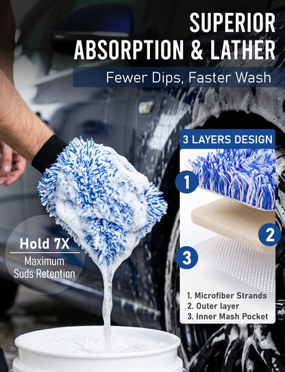 Cyclone Microfiber Car Wash Mitts, Blue Lint-Free Scratch-Free Machine Washable Washing Gloves, 2-Pack