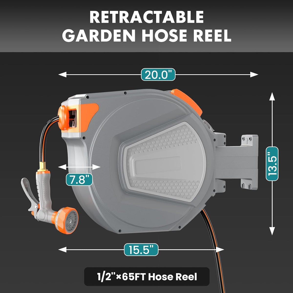 Retractable Garden Hose Reel, 1/2'' X 65 Ft Water Hose with Nozzle