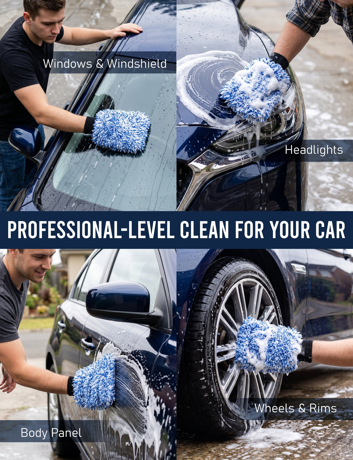 Cyclone Microfiber Car Wash Mitts, Blue Lint-Free Scratch-Free Machine Washable Washing Gloves, 2-Pack