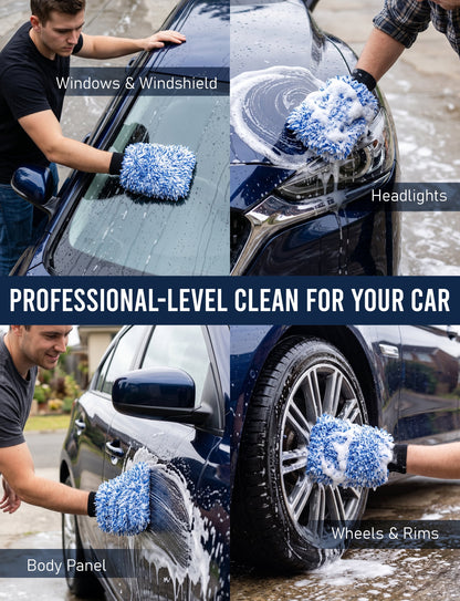 Cyclone Microfiber Car Wash Mitts, Blue Lint-Free Scratch-Free Machine Washable Washing Gloves, 2-Pack